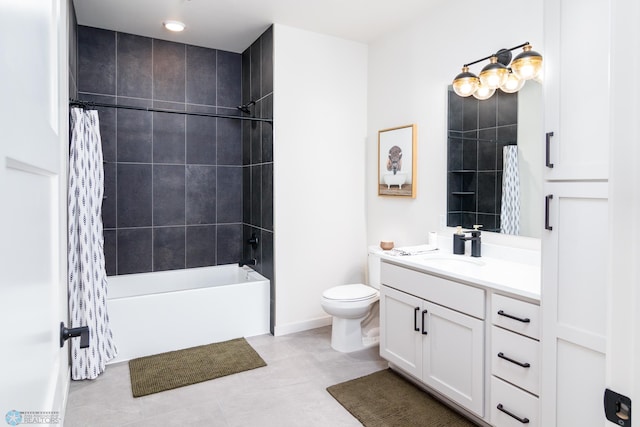 full bath with toilet, vanity, and shower / bathtub combination with curtain