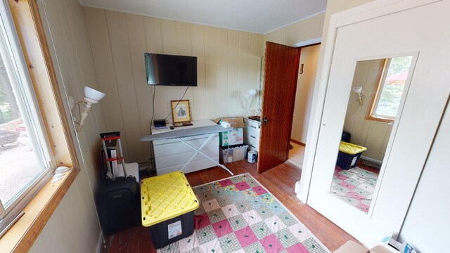 bedroom with multiple windows and hardwood / wood-style flooring