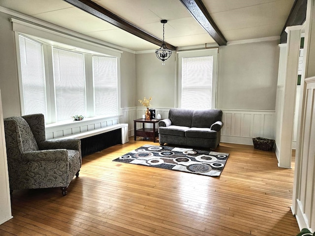 living area featuring hardwood / wood-style flooring, beamed ceiling, radiator, and an inviting chandelier