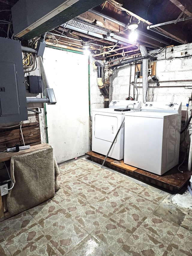 washroom featuring electric panel and washer and clothes dryer