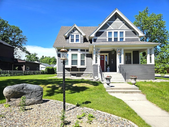 view of front of house with covered porch and a front yard