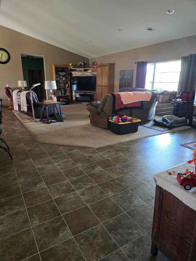 tiled living room with lofted ceiling