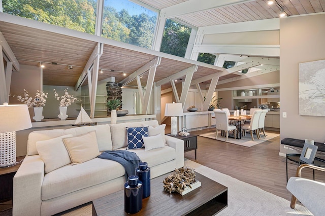 living room with a wealth of natural light, wood ceiling, hardwood / wood-style floors, and high vaulted ceiling