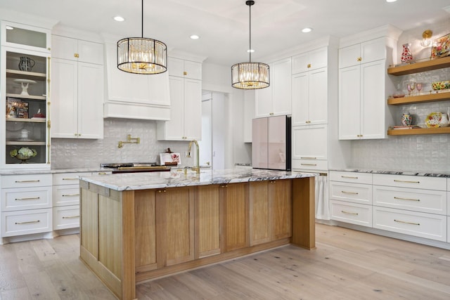 21412 Poate Ct, Rogers, MN 55374 - kitchen featuring an inviting chandelier, open shelves, white cabinetry, tasteful backsplash, and recessed lighting