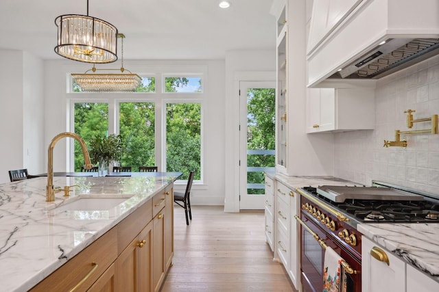 kitchen with tasteful backsplash, light wood-type flooring, premium range hood, double oven range, and sink