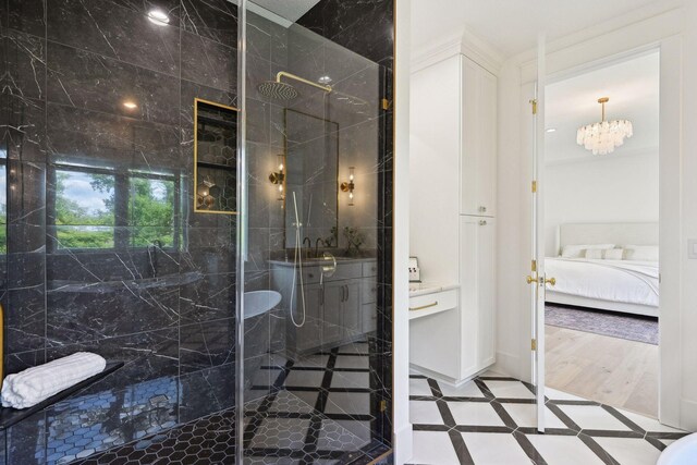 21412 Poate Ct, Rogers, MN 55374 - full bathroom featuring ensuite bath, a marble finish shower, and a notable chandelier