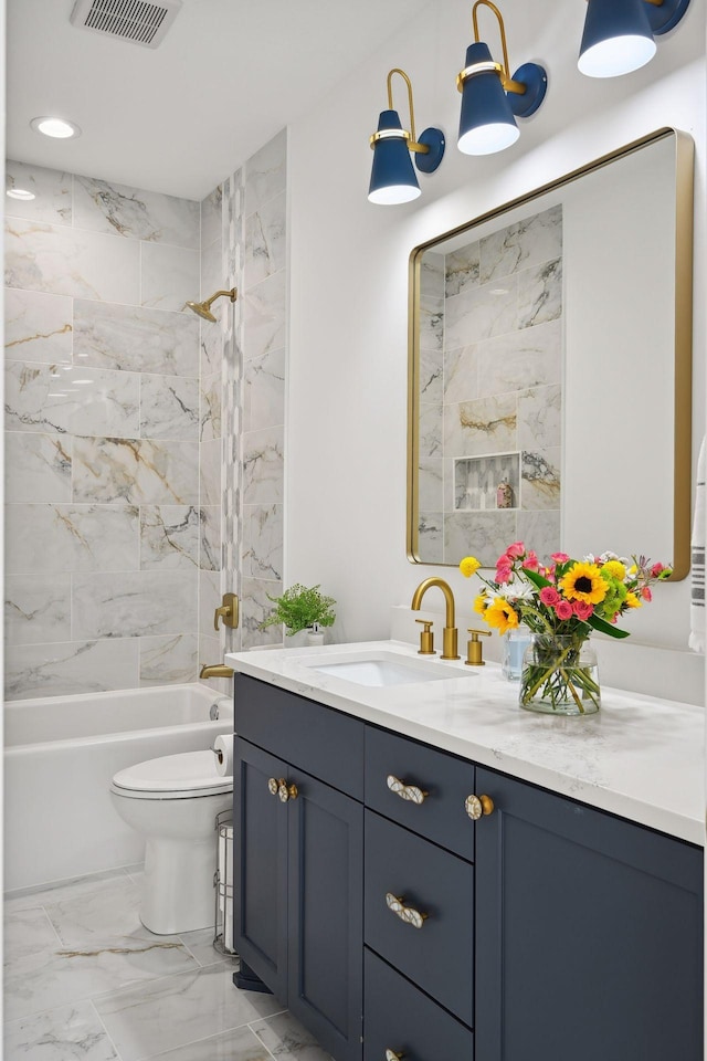 21412 Poate Ct, Rogers, MN 55374 - bathroom with toilet, visible vents, marble finish floor, vanity, and shower / bathtub combination
