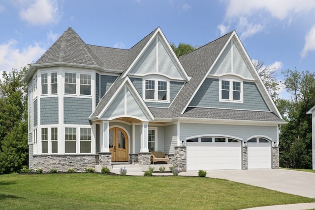 21412 Poate Ct, Rogers, MN 55374 - shingle-style home featuring concrete driveway, a front yard, stone siding, and a shingled roof