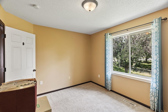 unfurnished bedroom featuring light carpet and a textured ceiling