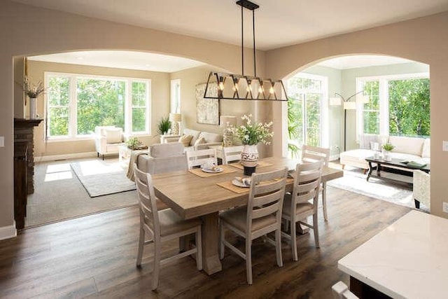 dining space featuring an inviting chandelier and dark hardwood / wood-style floors