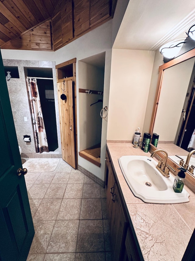 bathroom with lofted ceiling, tile patterned flooring, vanity, wooden ceiling, and a shower with shower curtain