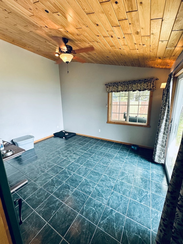 empty room featuring vaulted ceiling, wooden ceiling, and ceiling fan