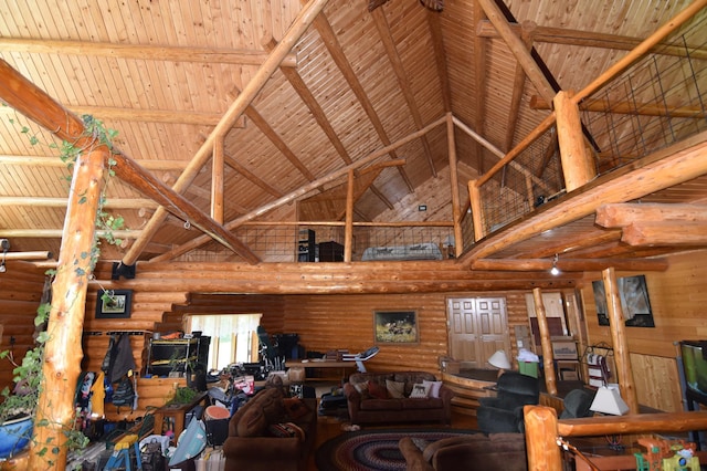 living room featuring high vaulted ceiling, wooden ceiling, and log walls