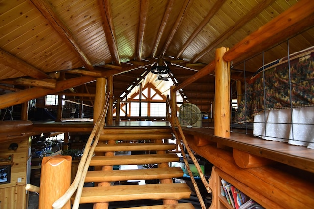 interior space with vaulted ceiling with beams and wooden ceiling