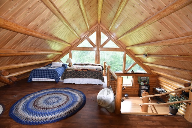 bedroom featuring vaulted ceiling with beams, hardwood / wood-style floors, wooden ceiling, and log walls