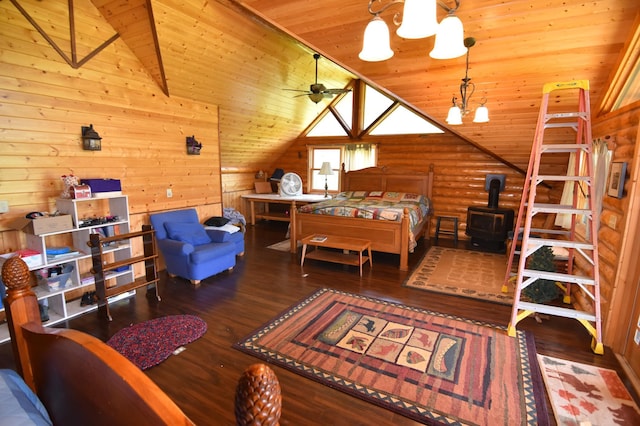 bedroom featuring vaulted ceiling, hardwood / wood-style floors, a wood stove, a chandelier, and wooden ceiling