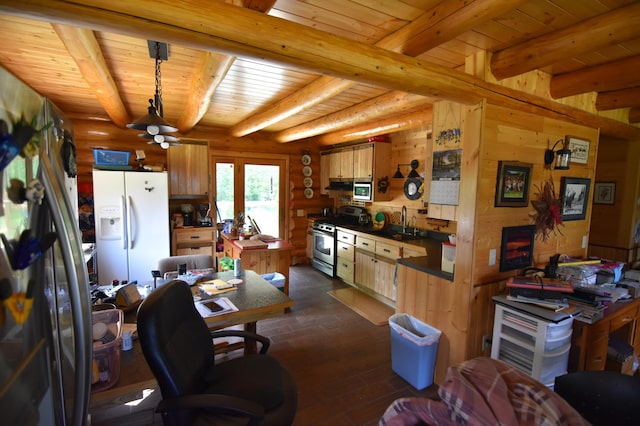 kitchen featuring beamed ceiling, wood ceiling, appliances with stainless steel finishes, and a sink