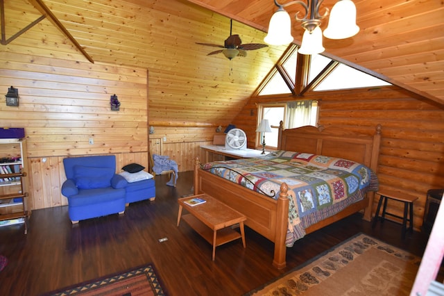 bedroom with vaulted ceiling, wood ceiling, log walls, and wood finished floors