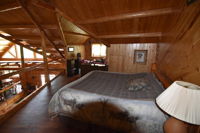 bedroom with lofted ceiling with beams, wood walls, wood-type flooring, and wood ceiling