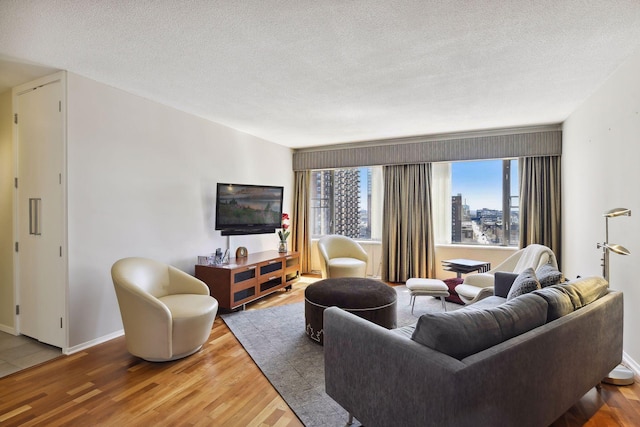 living room with a textured ceiling and hardwood / wood-style floors