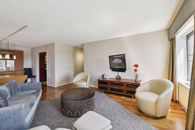 living area with a wealth of natural light, wood finished floors, and baseboards