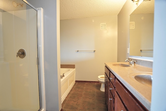 full bathroom with tile patterned flooring, a textured ceiling, toilet, independent shower and bath, and double sink vanity