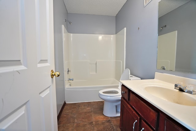 full bathroom with vanity, toilet, a textured ceiling, tile patterned flooring, and bathtub / shower combination