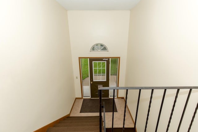 stairway with a towering ceiling