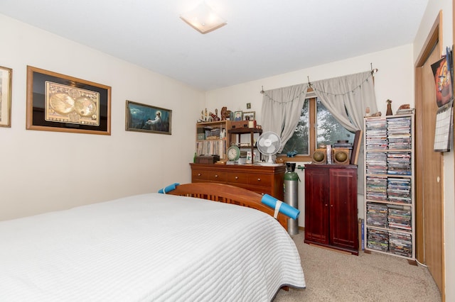 bedroom with light colored carpet