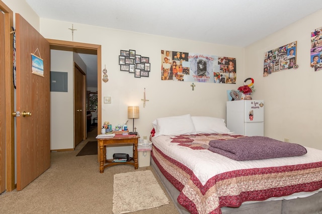 bedroom featuring light colored carpet