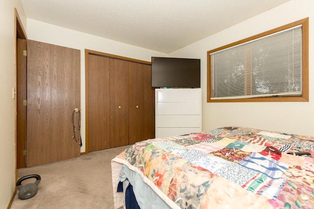 carpeted bedroom featuring a closet and a textured ceiling