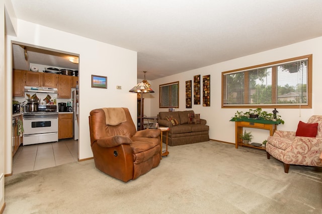 living room featuring light carpet