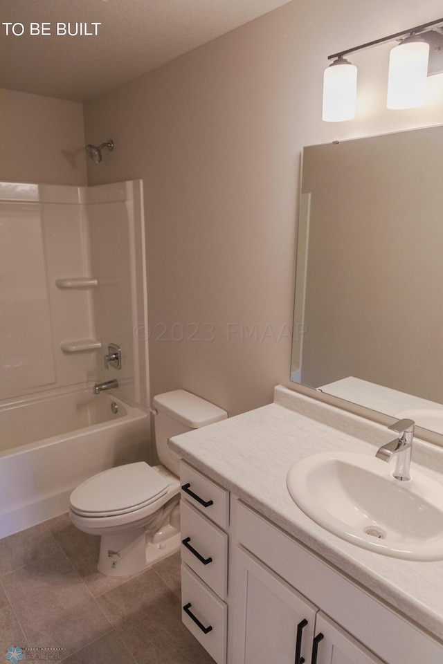 full bathroom with bathing tub / shower combination, vanity, tile patterned floors, and toilet