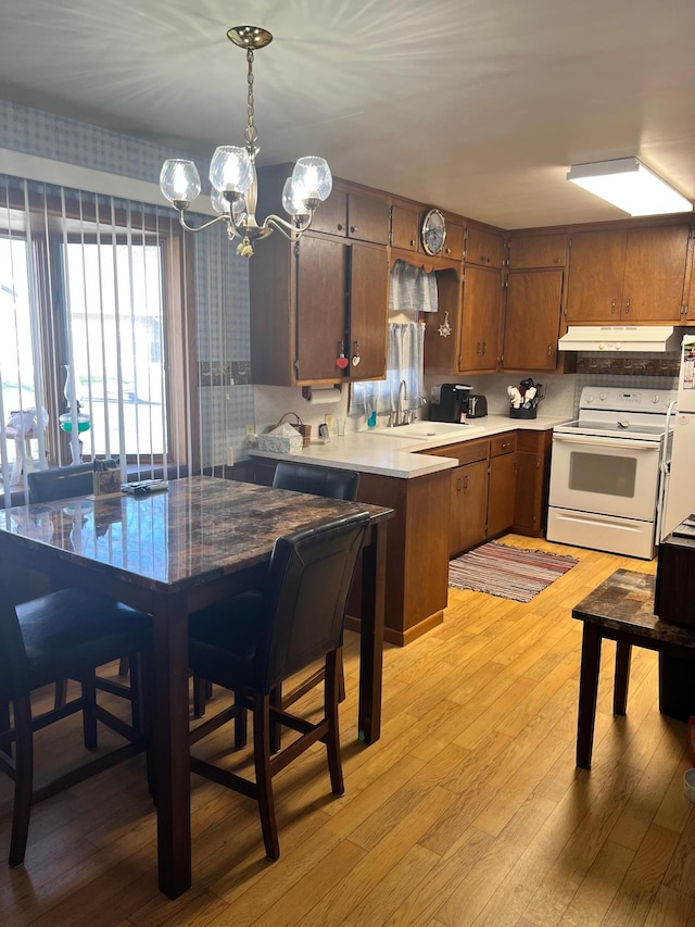 618 Memorial Pl, Dawson, MN 56232 - kitchen with white electric stove, under cabinet range hood, a sink, a peninsula, and light countertops