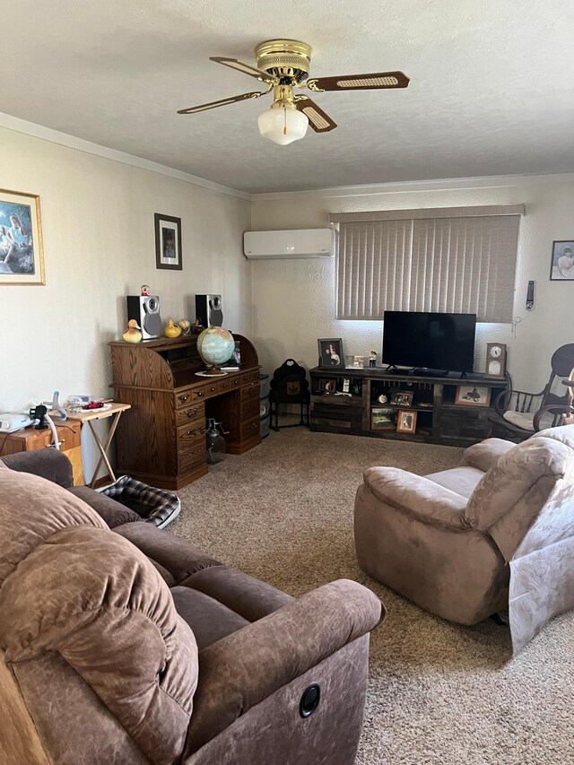 618 Memorial Pl, Dawson, MN 56232 - carpeted living room featuring ceiling fan, ornamental molding, and a wall mounted air conditioner
