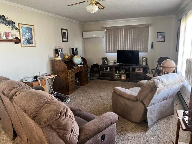 618 Memorial Pl, Dawson, MN 56232 - carpeted living room with a ceiling fan, a wall mounted air conditioner, and crown molding