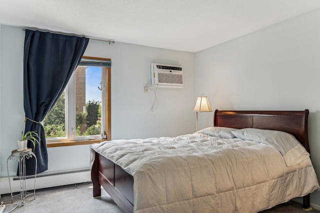 carpeted bedroom featuring baseboard heating and a wall mounted AC