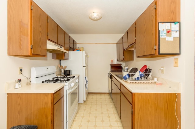1600 Roundhouse Cir, Shakopee, MN 55379 - kitchen with white appliances, light countertops, brown cabinetry, light floors, and under cabinet range hood