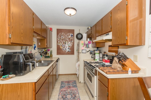 1600 Roundhouse Cir, Shakopee, MN 55379 - kitchen featuring under cabinet range hood, light countertops, a sink, and gas range