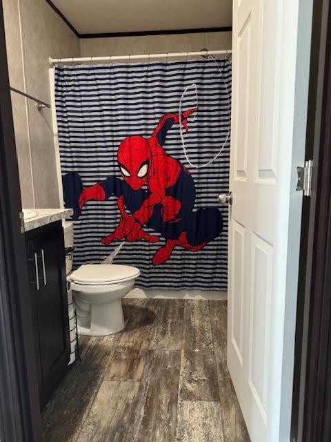 bathroom with a shower with curtain, toilet, vanity, and hardwood / wood-style flooring