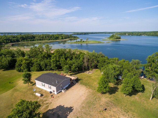 bird's eye view with a water view