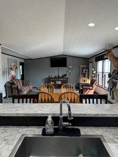 interior space featuring sink, light stone countertops, lofted ceiling, and a textured ceiling