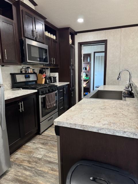 kitchen with dark brown cabinetry, sink, appliances with stainless steel finishes, and light hardwood / wood-style flooring