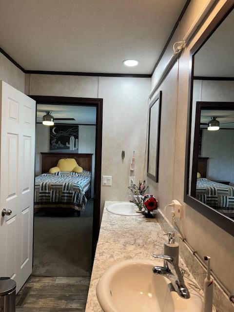 bathroom with crown molding, hardwood / wood-style floors, and vanity