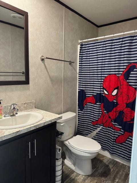 bathroom featuring toilet, vanity, ornamental molding, and hardwood / wood-style flooring