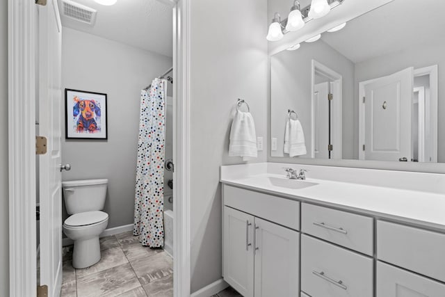 full bathroom with toilet, a textured ceiling, vanity, and shower / bath combo with shower curtain