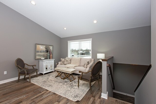 living room with high vaulted ceiling and dark hardwood / wood-style flooring