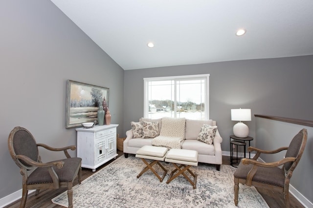 living room with hardwood / wood-style flooring and high vaulted ceiling