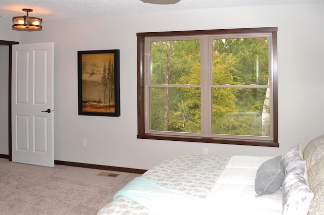 carpeted bedroom with a textured ceiling