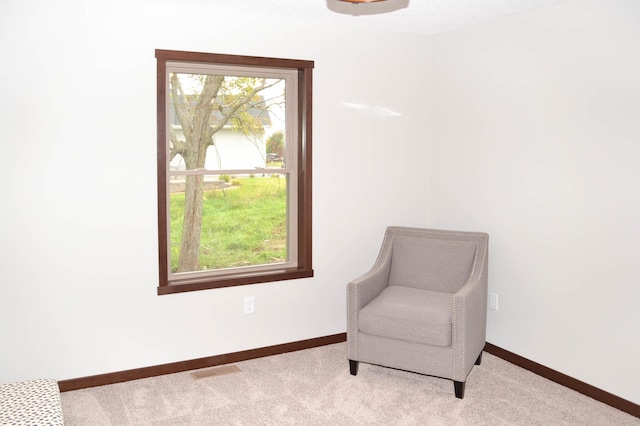 living area featuring light carpet